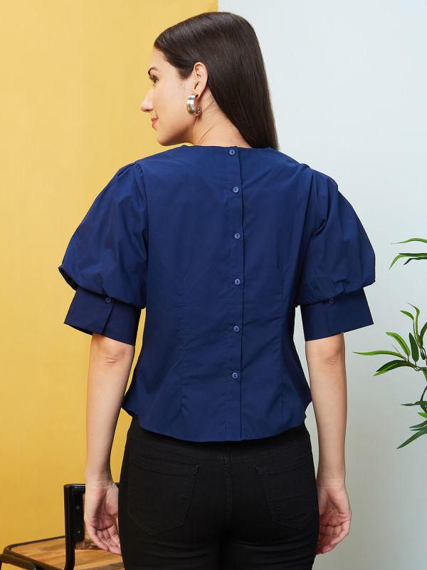 Globus Women Navy Puff Sleeves Back Button Design Curved Hem Top