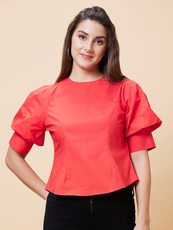 Globus Women Orange Solid Round Neck Casual Top