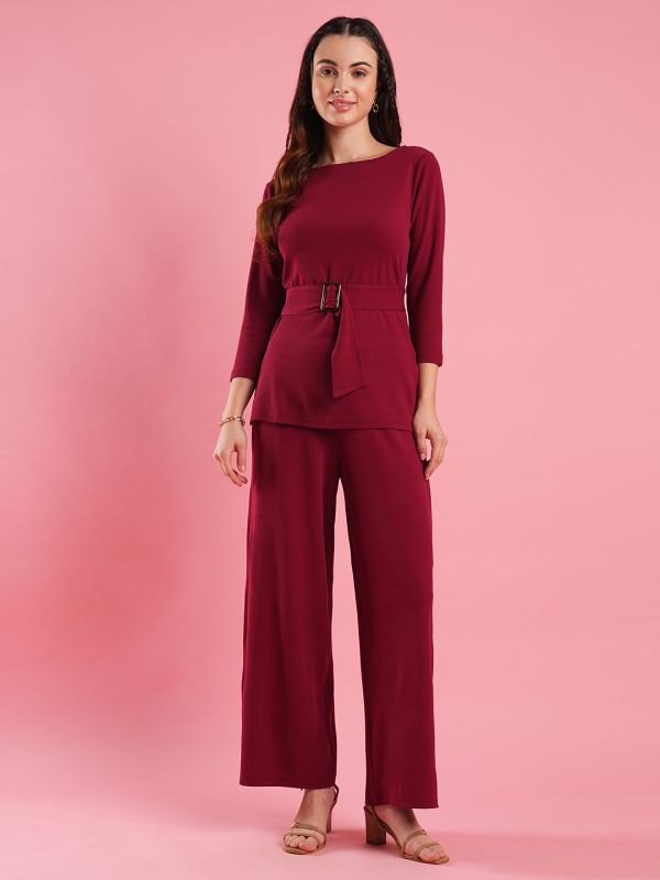 Globus Women Maroon Boat Neck Buckle Waist Hip Length Top & Flare Hem Mid Rise Ankle Length Trouser Co-Ord Set