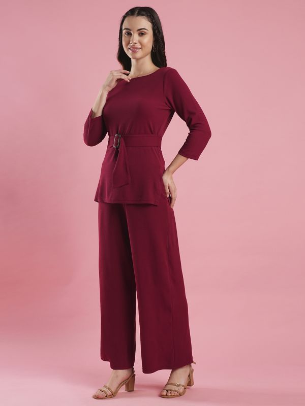 Globus Women Maroon Boat Neck Buckle Waist Hip Length Top & Flare Hem Mid Rise Ankle Length Trouser Co-Ord Set