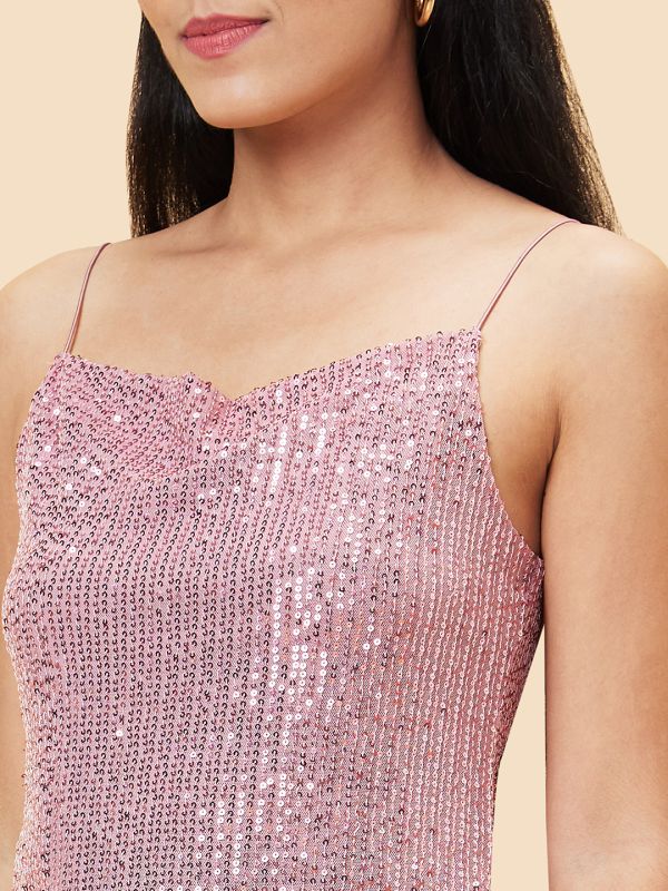 Globus Women Pink Strappy Shoulder Asymmetric Hem Sequinned Party Top