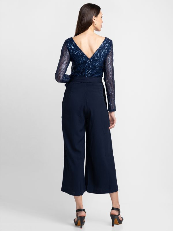 Globus Women Navy Embellished Belted Party Jumpsuit