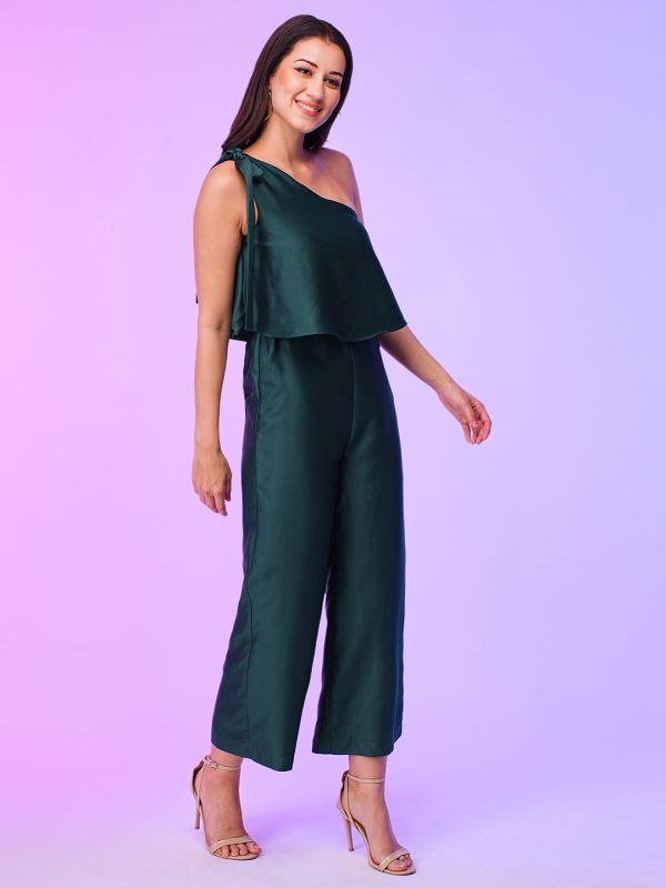 Globus Women Green One Shoulder Tie-Up Party Jumpsuit