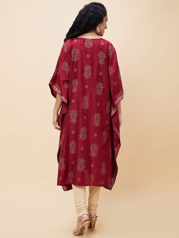 Globus Women Maroon Floral Bandhani Print Embroidered Yoke Asymmetric Hem Kaftan Kurta