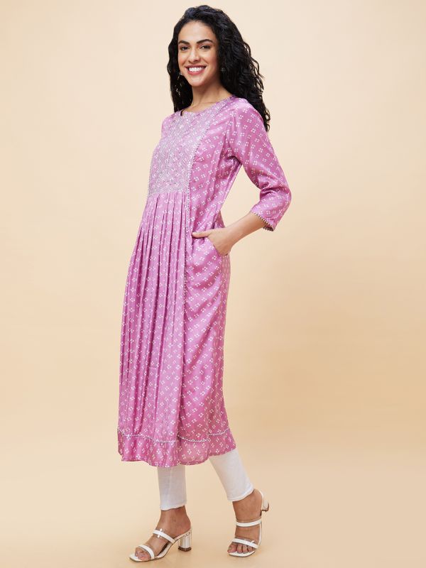 Globus Women Mauve Printed Round Neck 3/4 Sleeves A-Line Kurta