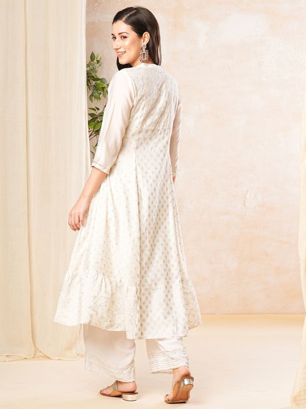 Globus Women Off White Printed Mandarin Collar Anarkali Kurta