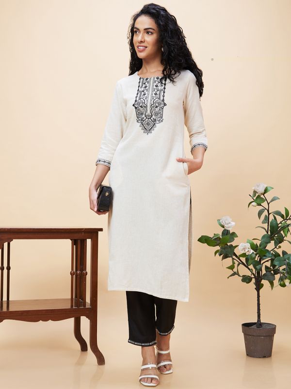 Globus Women Off White Embroidered Straight Kurta & Trouser Set