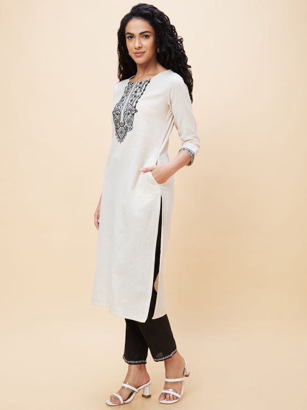 Globus Women Off White Embroidered Straight Kurta & Trouser Set