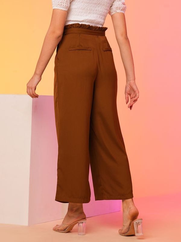 Globus Women Tan High-Rise Pleated Back Frilled Waist Wide Leg Trousers