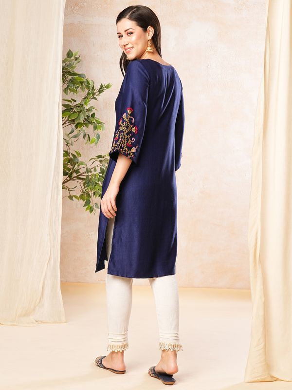 Globus Women Blue V-Neck Floral Embroidery Bell Sleeve A-Line Kurta