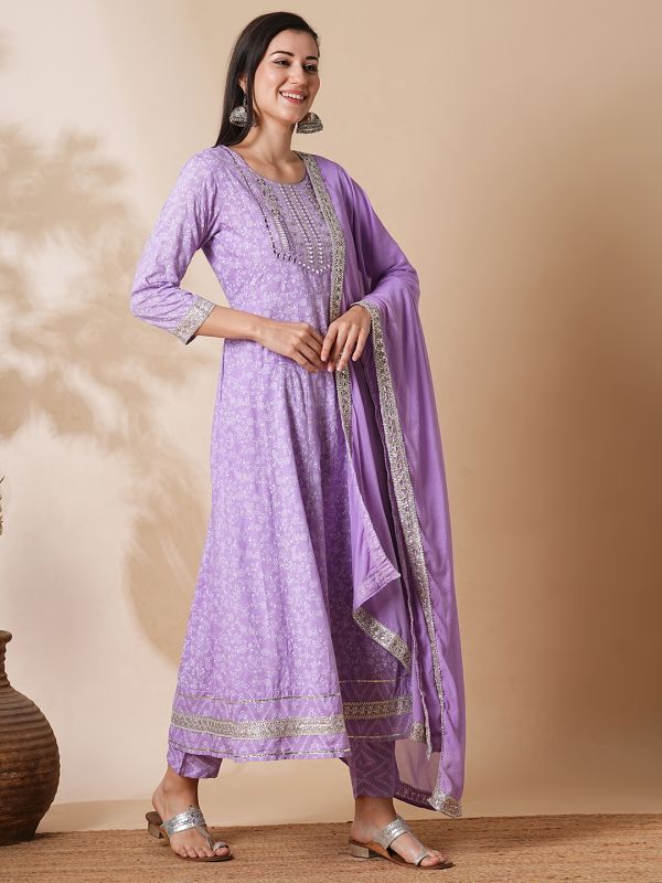 Globus Women Lilac Embroidered Yoke Floral Anarkali Festive Kurta & Trouser set