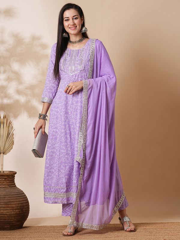 Globus Women Lilac Embroidered Yoke Floral Anarkali Festive Kurta & Trouser set