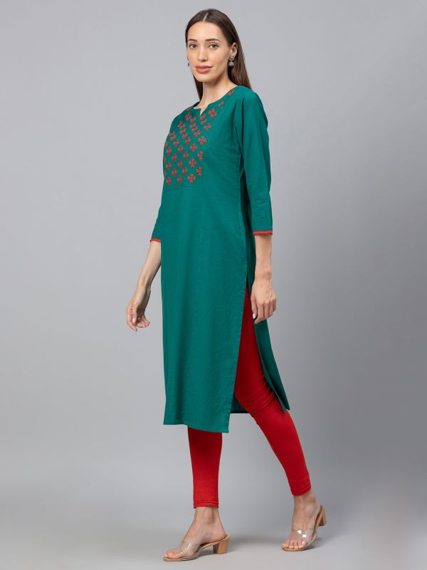 Globus Dark Green Embroidered Kurta