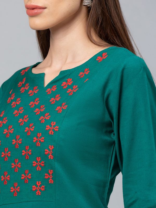 Globus Dark Green Embroidered Kurta