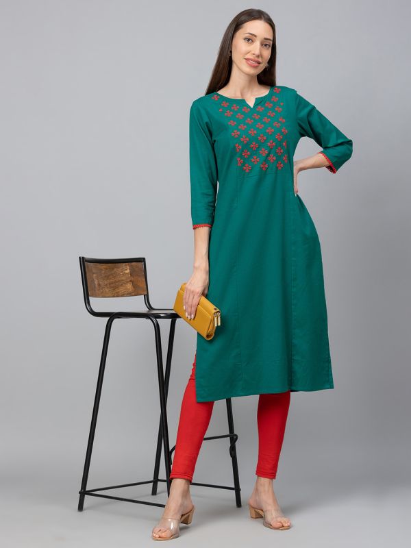 Globus Dark Green Embroidered Kurta