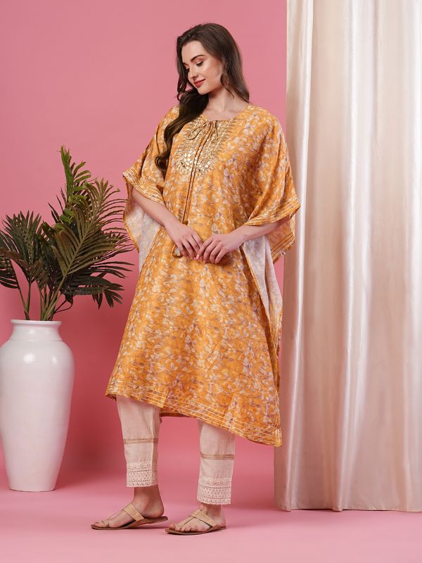 Globus Yellow Round Neck Allover Printed Kaftan Kurta