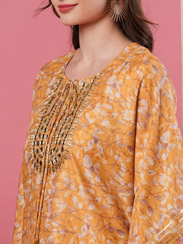 Globus Yellow Round Neck Allover Printed Kaftan Kurta