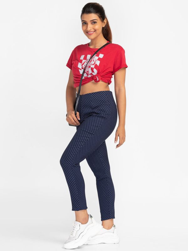 Globus Navy Printed Skinny Fit Cropped Peg Trousers