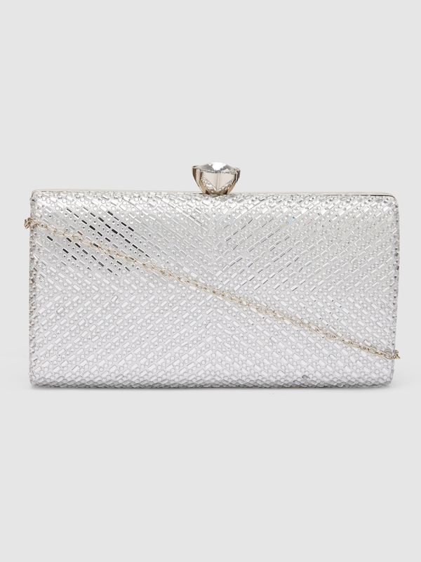 Globus Women Silver Embellished Party Box Clutch