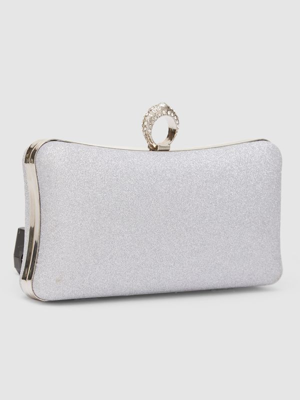 Globus Women Silver Embellished Party Box Clutch