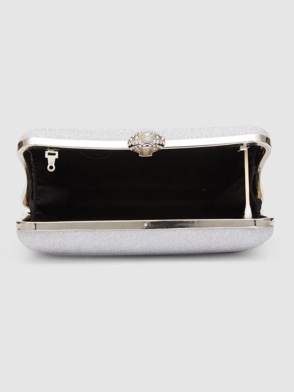 Globus Women Silver Embellished Party Box Clutch