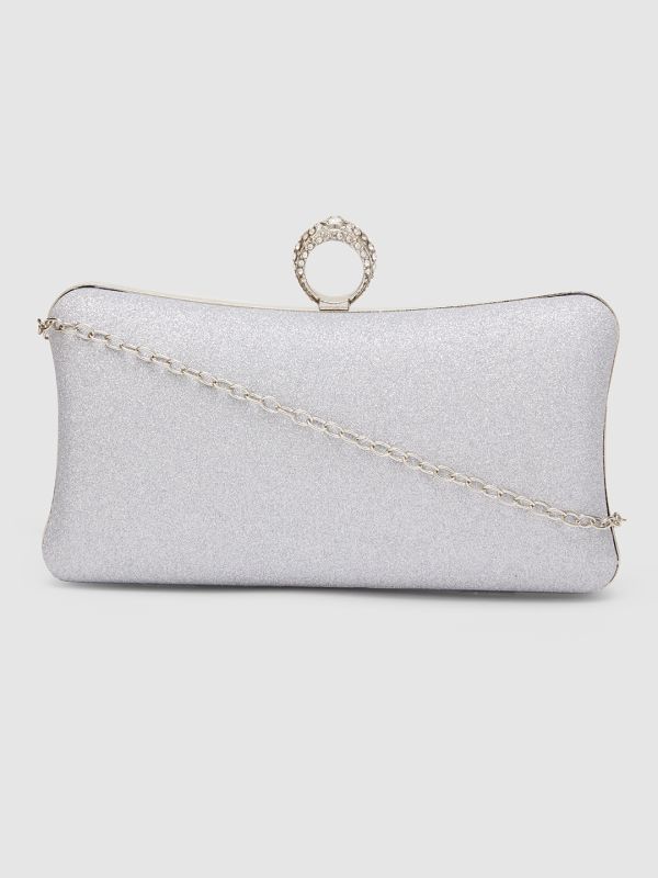 Globus Women Silver Embellished Party Box Clutch