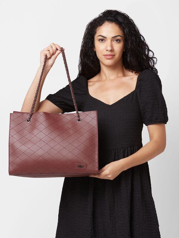 Globus Women Maroon Textured Casual Tote Bag