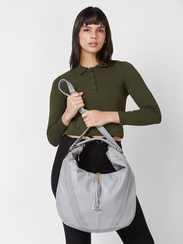 Globus Women Grey Solid Vegan Leather Hobo Bag