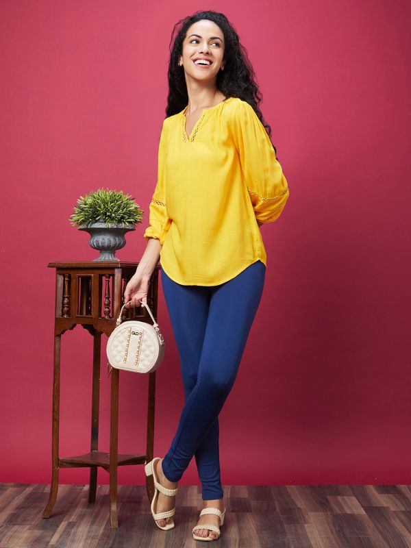 Globus Women Yellow V-Neck Puff Sleeves Work Wear Top