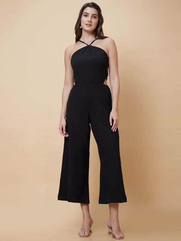 Globus Women Black Solid Halter Neck Jumpsuit