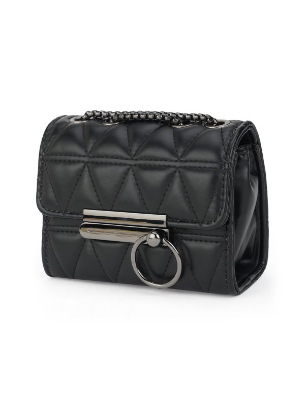 Globus Women Black Puffed Quilted Small Rectangular Party Sling Bag With Gunmetal Chain Strap