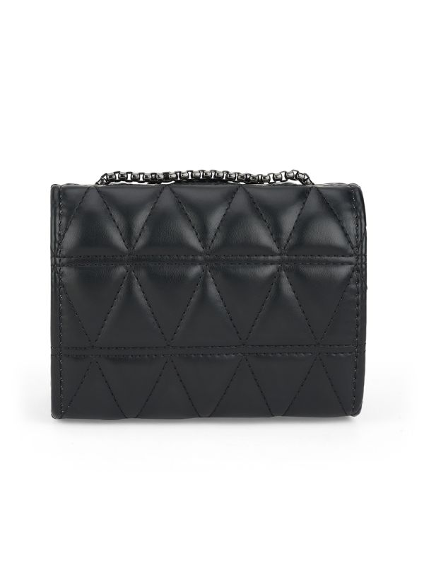 Globus Women Black Puffed Quilted Small Rectangular Party Sling Bag With Gunmetal Chain Strap