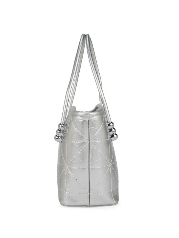 Globus Women Silver Textured Double Handle Party Handheld Bag With Detachable Strap