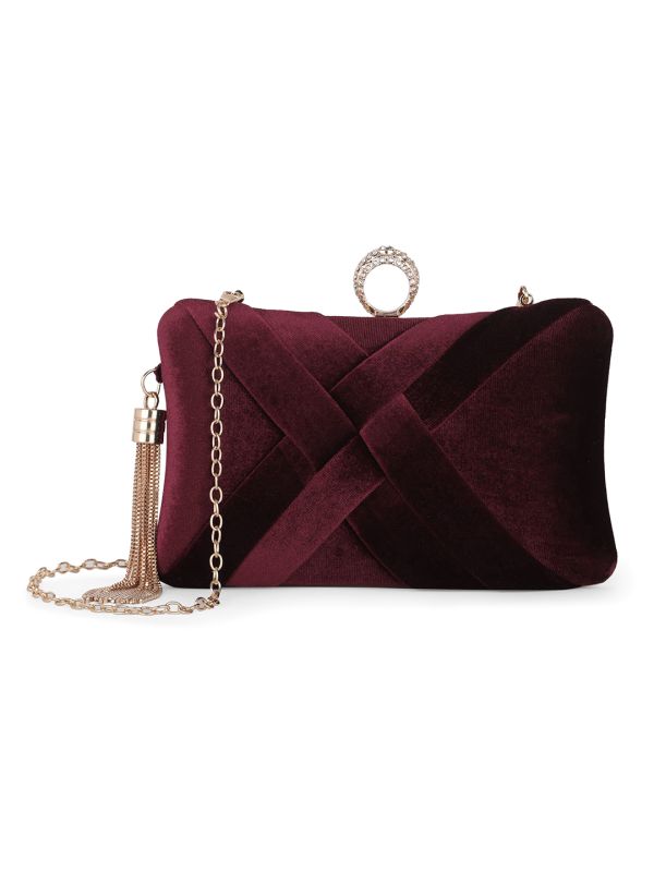 Globus Women Burgundy Criss Cross Ribbon Design Rectangular Party Clutch With Detachable Chain Strap & Tassel Charm