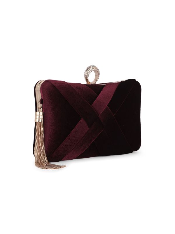 Globus Women Burgundy Criss Cross Ribbon Design Rectangular Party Clutch With Detachable Chain Strap & Tassel Charm