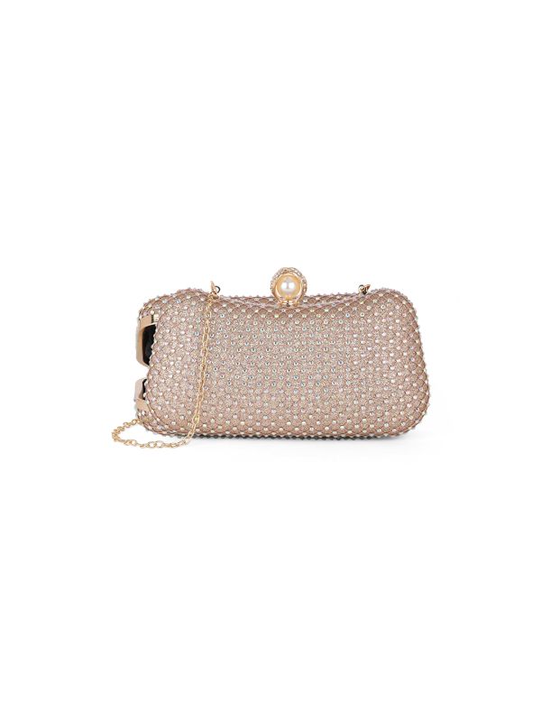 Globus Women Rose Gold Embellished Curved Shape Party Clutch With Detachable Chain Strap