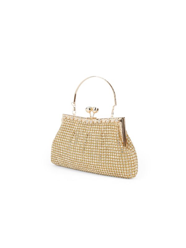 Globus Women Gold Embellished Curved Shape Party Clutch With Detachable Chain Strap