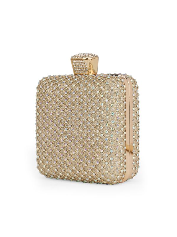 Globus Women Gold Embellished Square Party Clutch With Thick Wrist Strap & Detachable Chain Strap