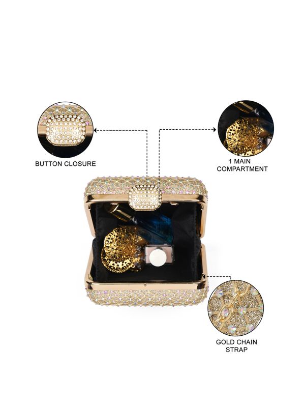 Globus Women Gold Embellished Square Party Clutch With Thick Wrist Strap & Detachable Chain Strap