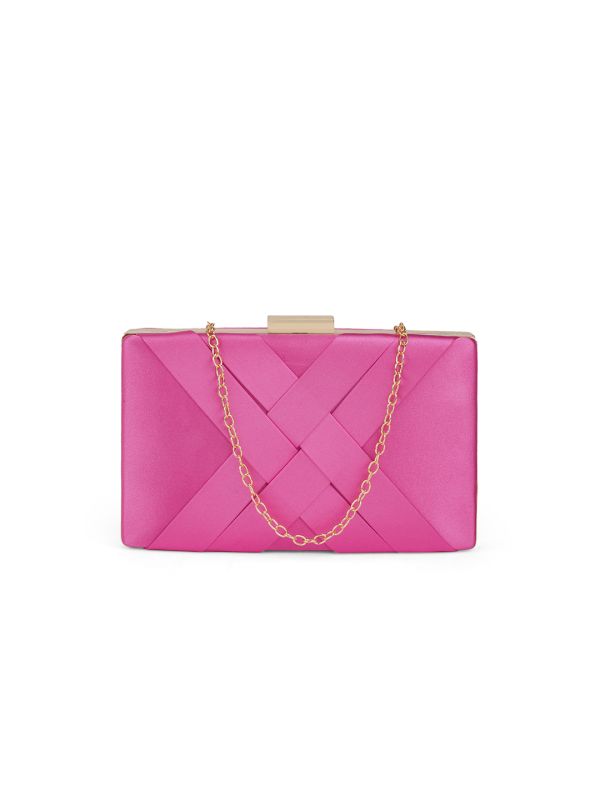 Globus Women Pink Criss Cross Ribbon Design Rectangular Party Clutch With Detachable Chain Strap