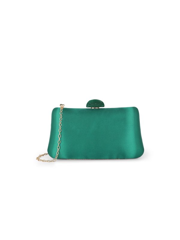 Globus Women Sea Green Shiny Rectangular Party Clutch With Detachable Chain Strap