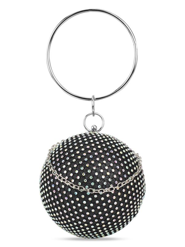 Globus Women Black Embellished Bangle Handle Small Circle Party Handheld Bag With Detachable Chain Strap