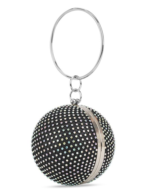 Globus Women Black Embellished Bangle Handle Small Circle Party Handheld Bag With Detachable Chain Strap