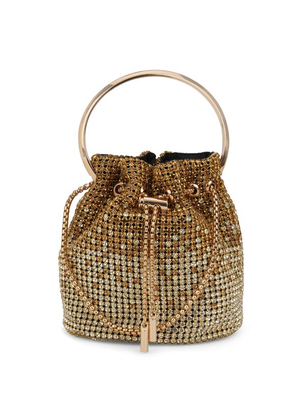 Globus Women Gold Embellished Metal Handle Party Handheld Bag With Chain Drawstring Closure