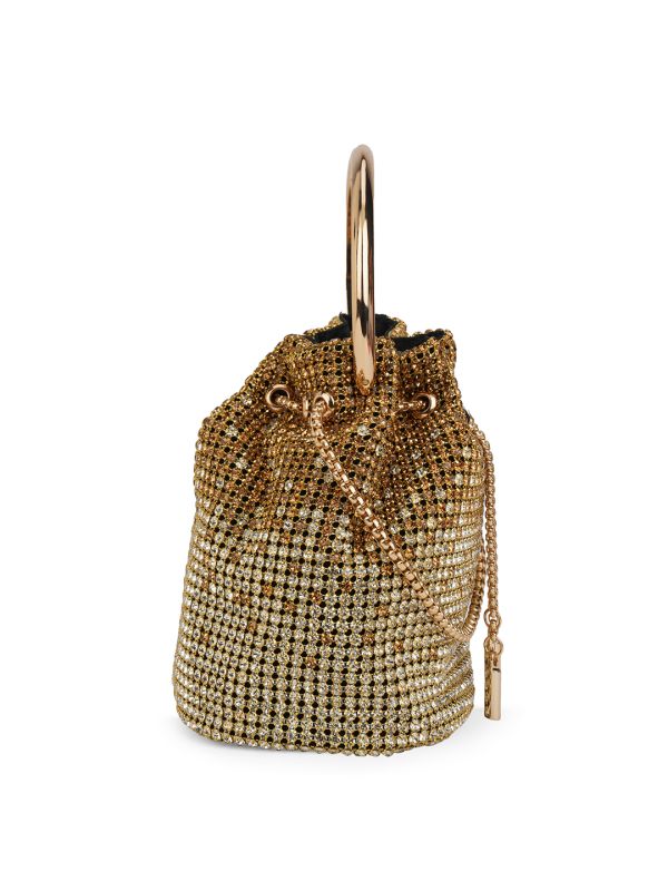 Globus Women Gold Embellished Metal Handle Party Handheld Bag With Chain Drawstring Closure