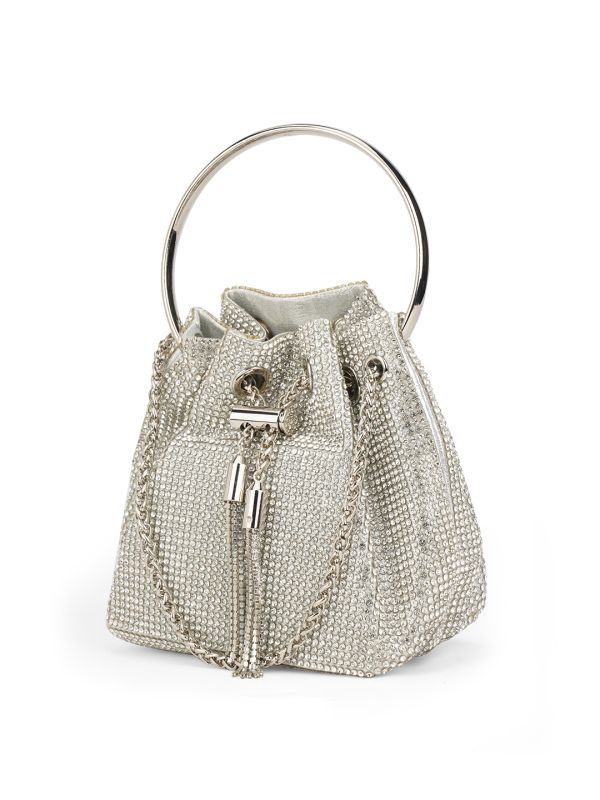 Globus Women Silver Embellished Metal Handle Party Handheld Bag With Chain Drawstring Closure