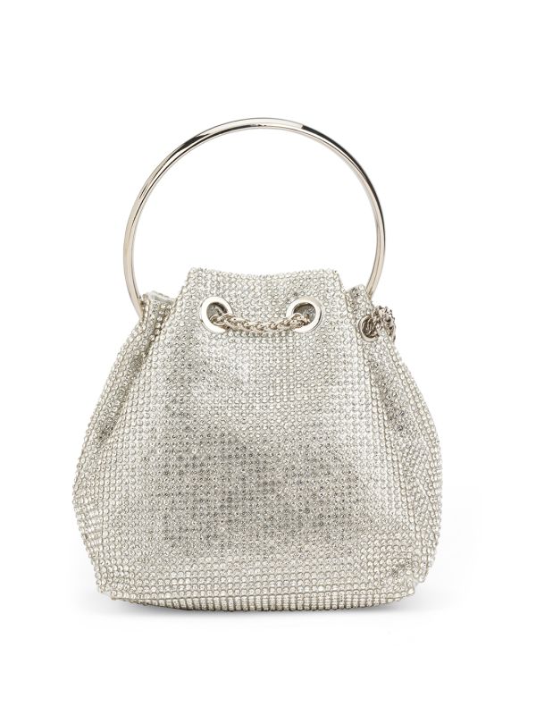 Globus Women Silver Embellished Metal Handle Party Handheld Bag With Chain Drawstring Closure