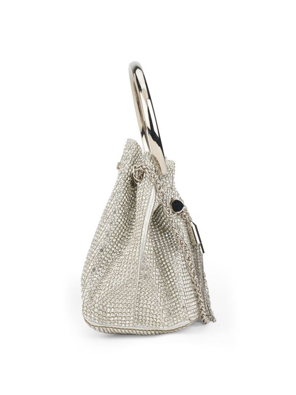 Globus Women Silver Embellished Metal Handle Party Handheld Bag With Chain Drawstring Closure