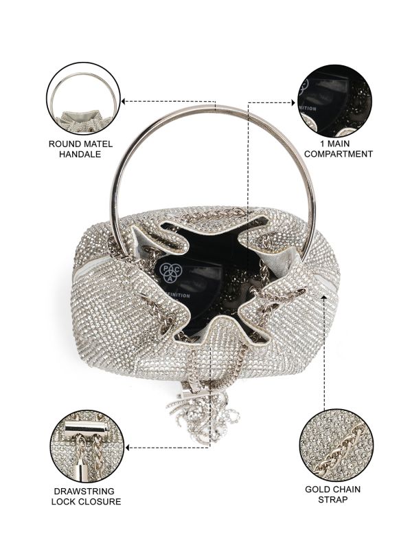 Globus Women Silver Embellished Metal Handle Party Handheld Bag With Chain Drawstring Closure