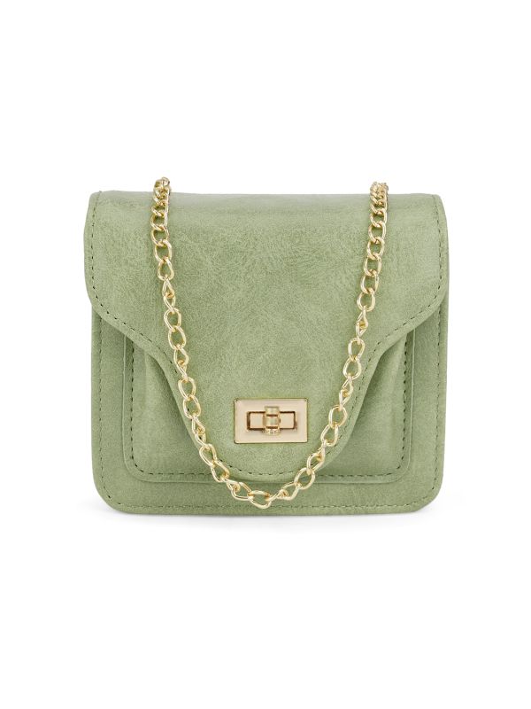 Globus Women Olive Textured Twistlock Small Square Party Sling Bag With Detachable Chain Strap